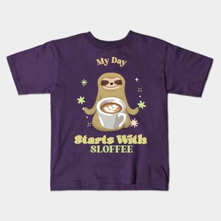 Funny Quote Sloth My Day Starts With Sloffee Kids T-Shirt